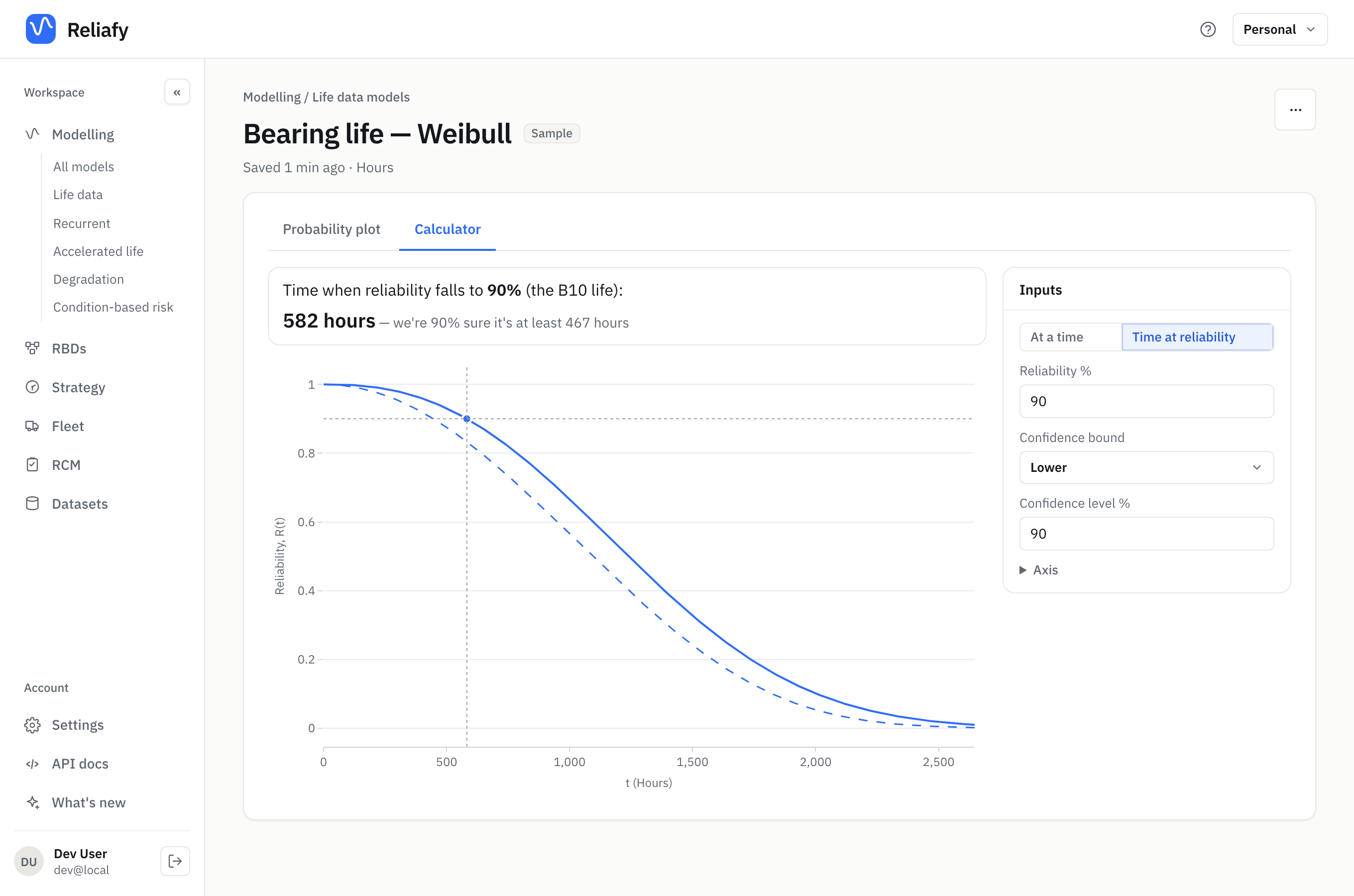 The calculator solving for the B10 life with a lower bound