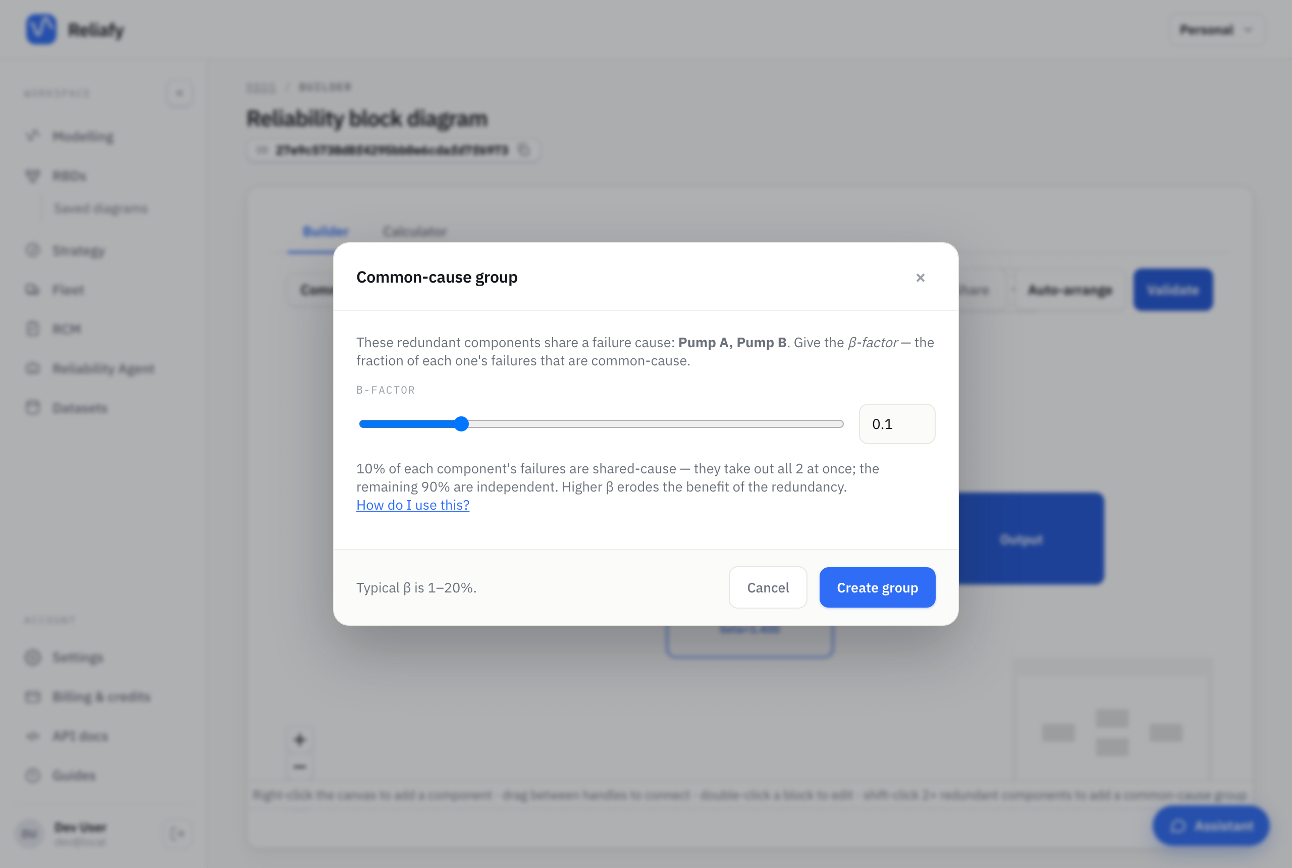 The common-cause dialog with a beta-factor slider set to 0.10