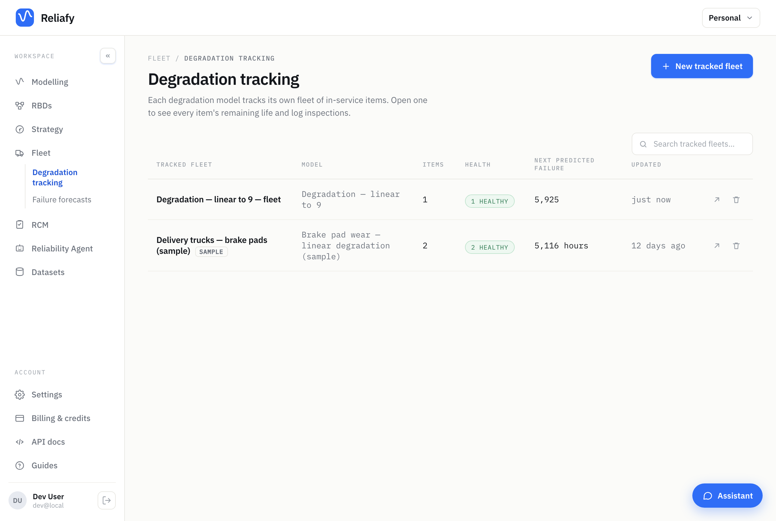 Per-asset degradation tracking, with projected threshold crossings