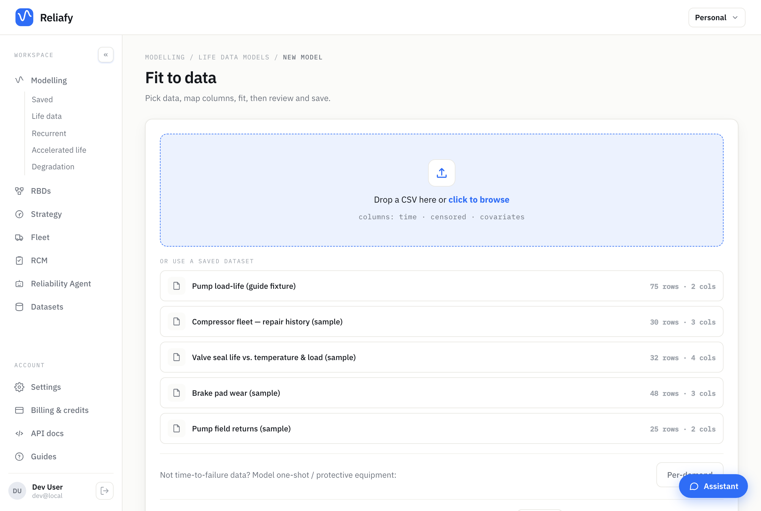 The new-model flow: drop a CSV or pick a saved dataset