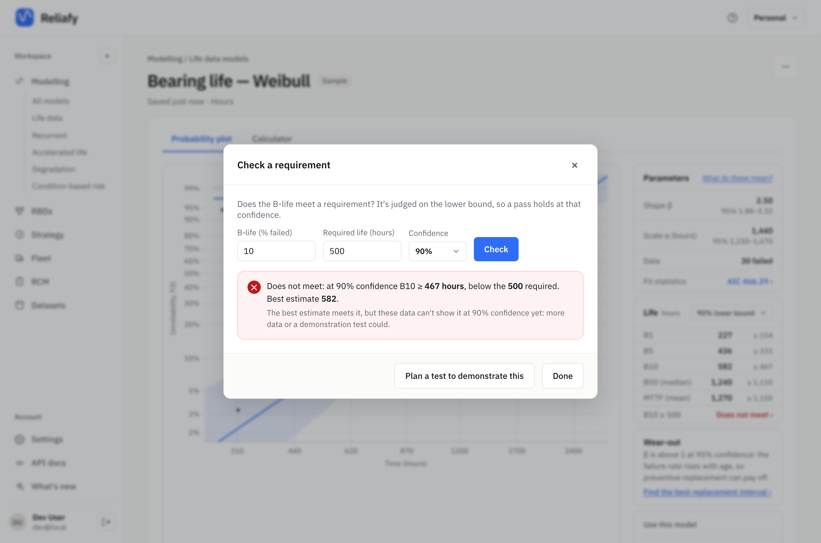The requirement check: B10 ≥ 500 hours is not shown at 90% confidence